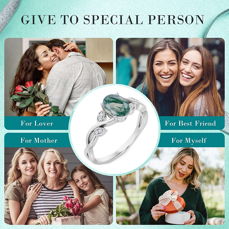 Sterling Silver Oval Moss Agate Engagement Ring For Women-6