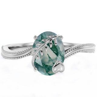 Sterling Silver Oval Shaped Moss Agate & Heart Engagement Ring-21