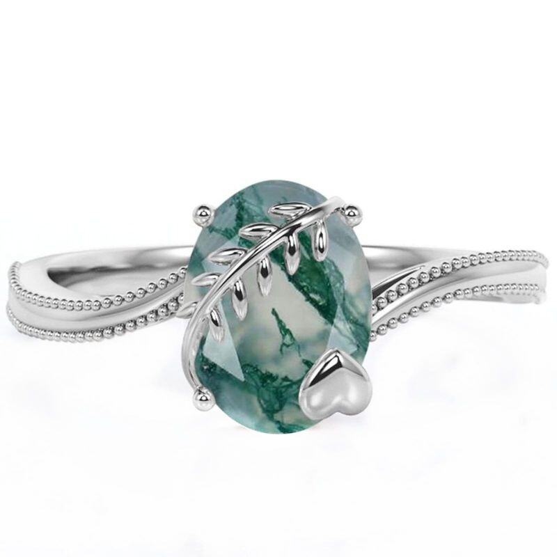 Sterling Silver Oval Shaped Moss Agate & Heart Engagement Ring-17
