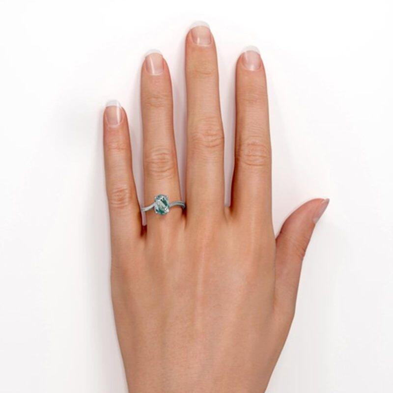 Sterling Silver Oval Shaped Moss Agate & Heart Engagement Ring-2