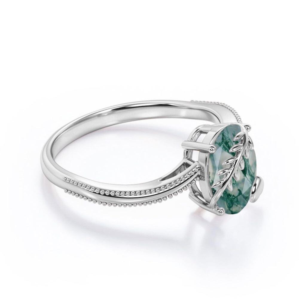 Sterling Silver Oval Shaped Moss Agate & Heart Engagement Ring-3