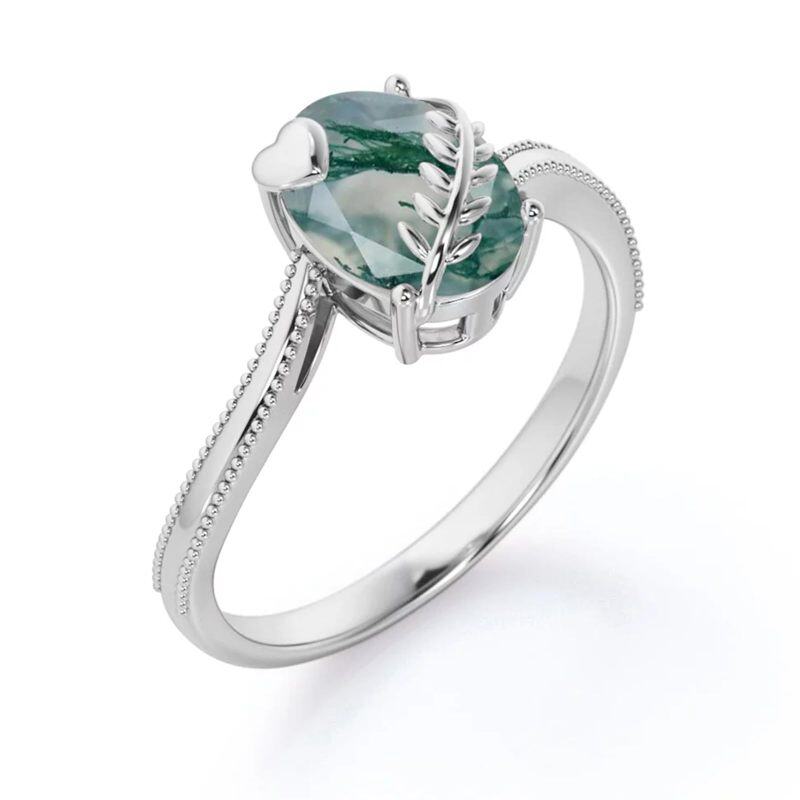 Sterling Silver Oval Shaped Moss Agate & Heart Engagement Ring-4