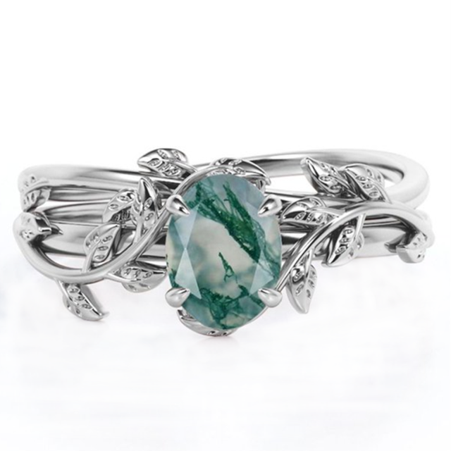 Sterling Silver Oval Shaped Moss Agate Ivy Engagement Ring-1