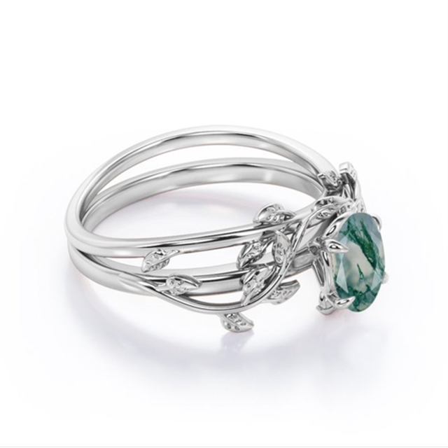 Sterling Silver Oval Shaped Moss Agate Ivy Engagement Ring-4