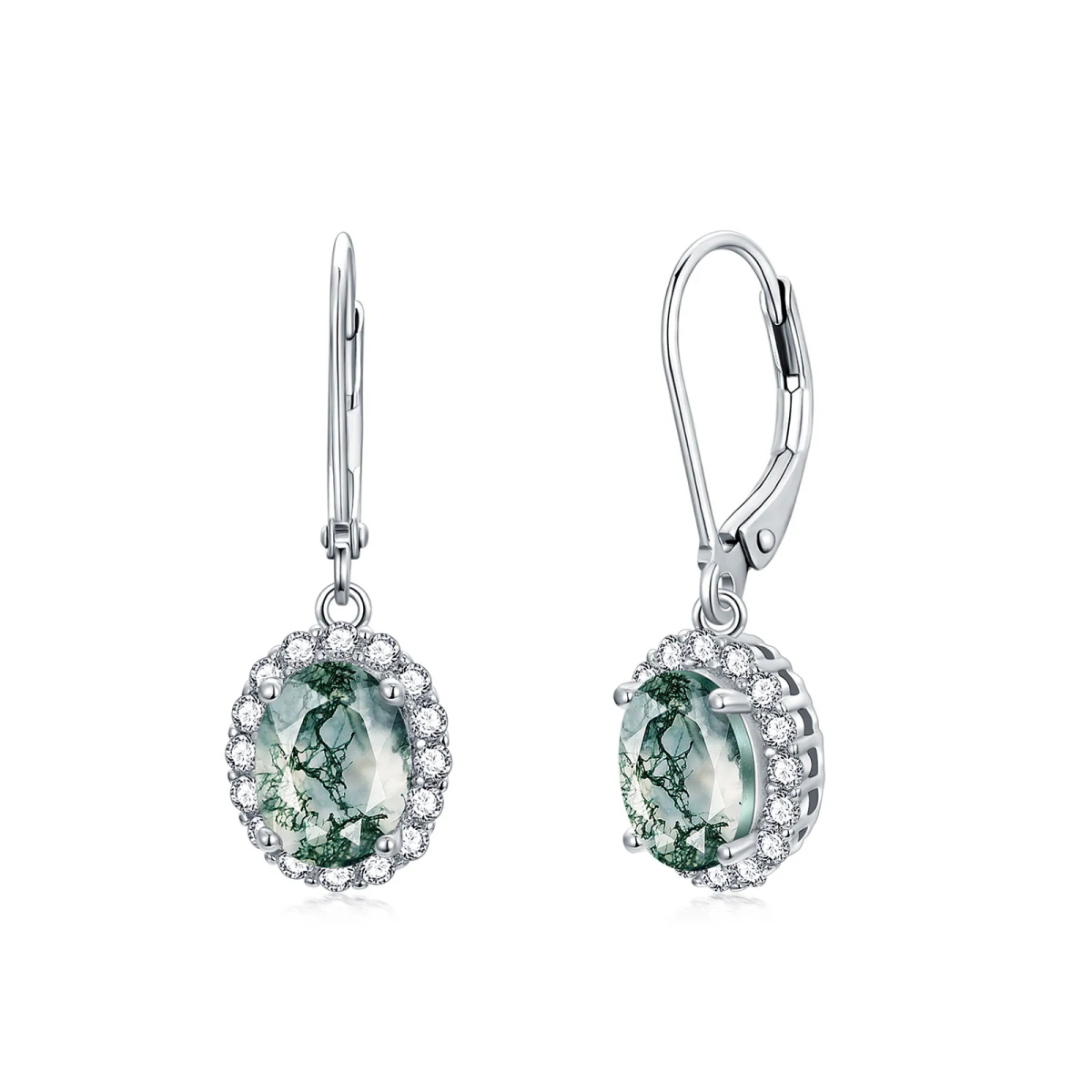 Sterling Silver Oval Shaped Moss Agate Oval Shaped Lever-back Earrings-1