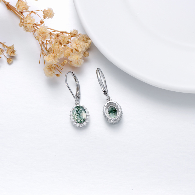 Sterling Silver Oval Shaped Moss Agate Oval Shaped Lever-back Earrings-5