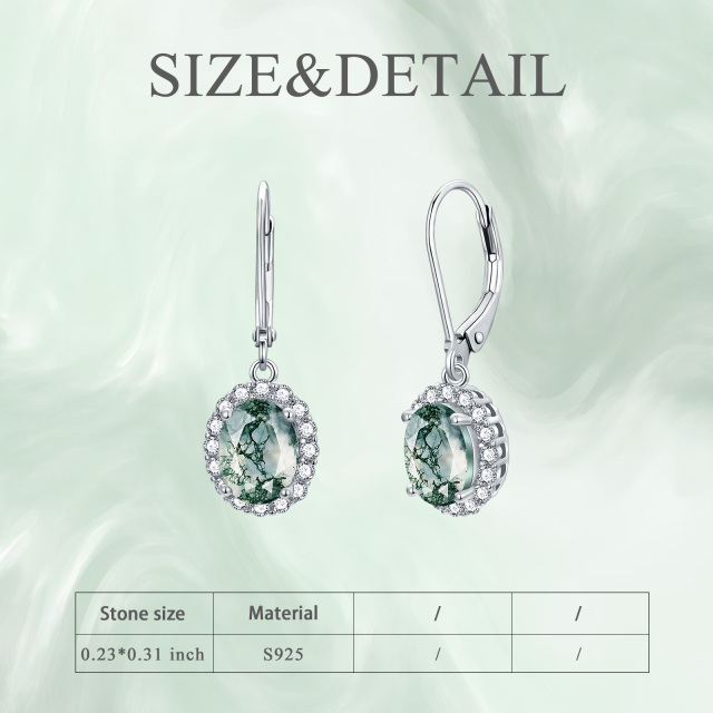 Sterling Silver Oval Shaped Moss Agate Oval Shaped Lever-back Earrings-6