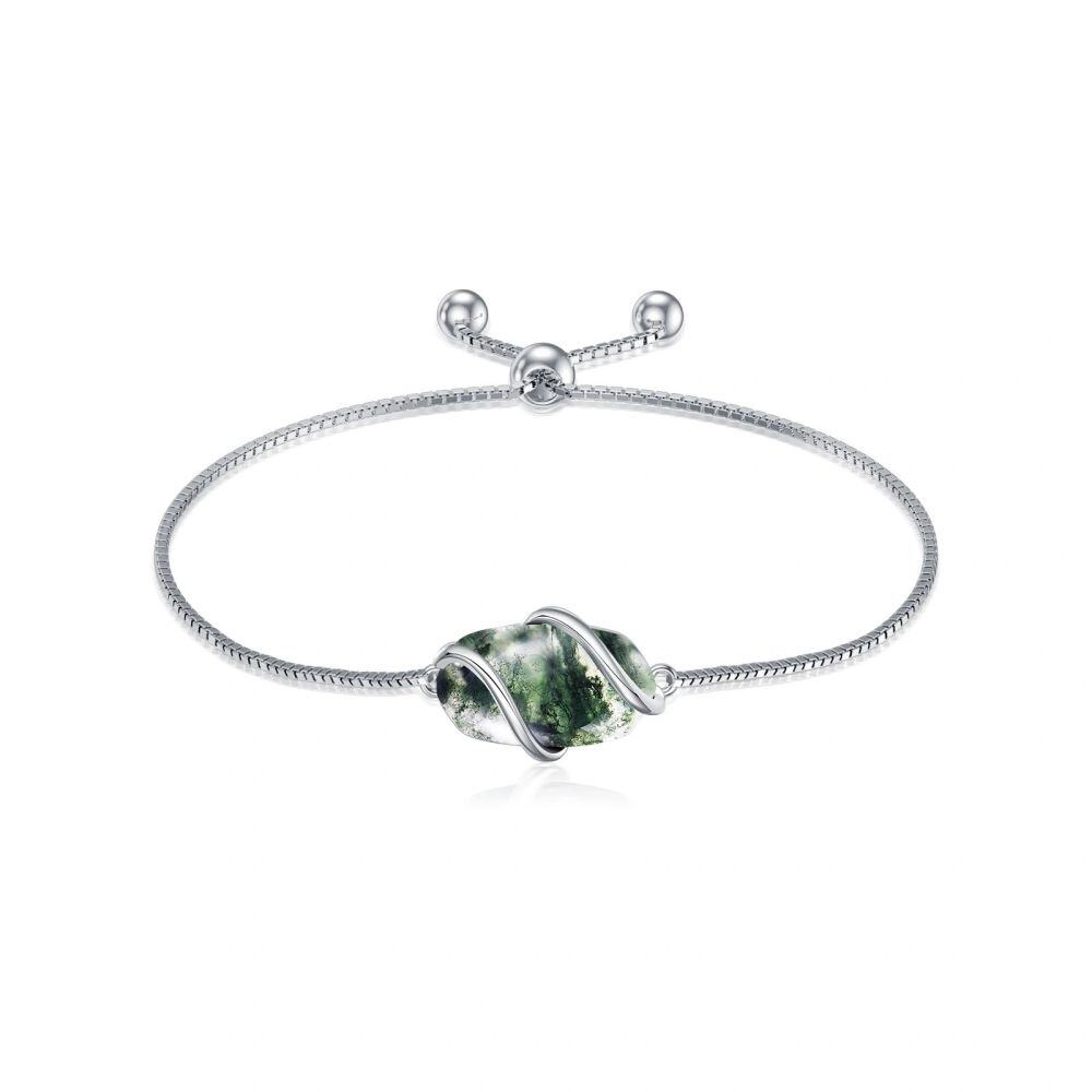 Sterling Silver Oval Shaped Moss Agate Charm Bracelet-1