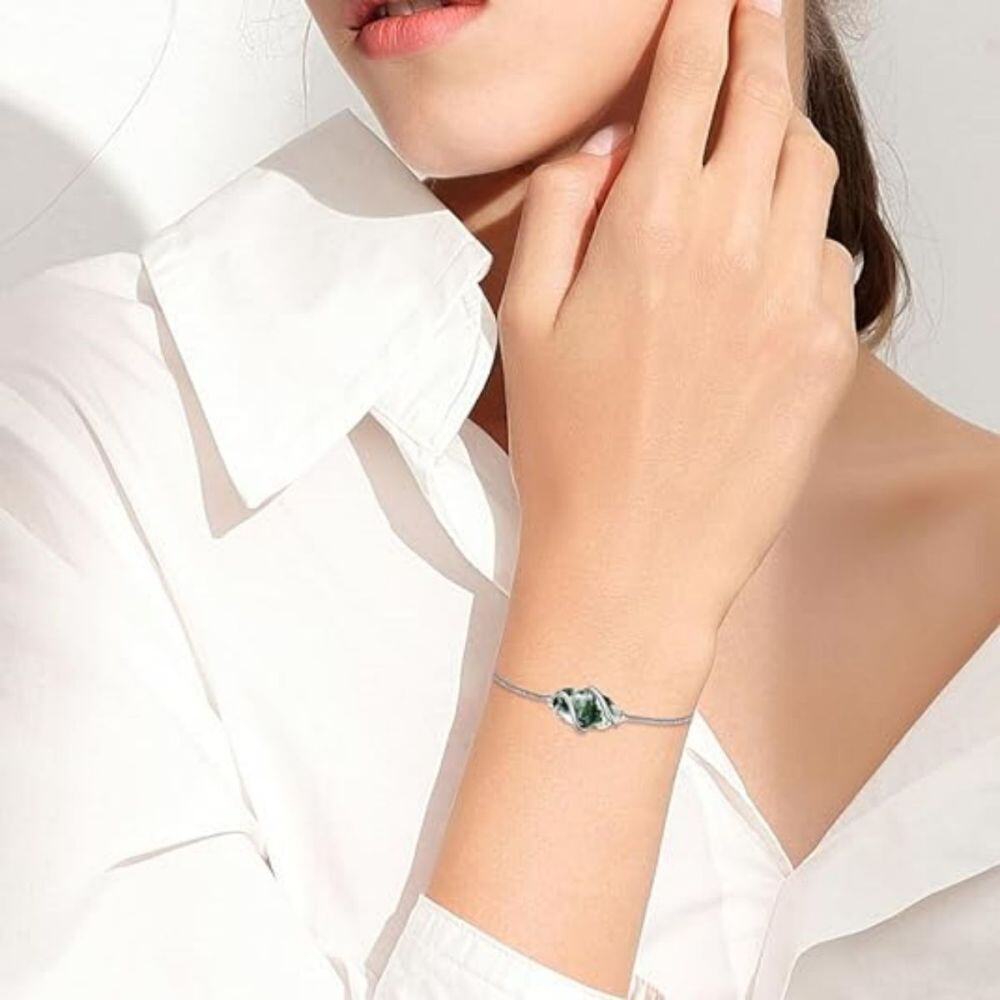 Sterling Silver Oval Shaped Moss Agate Charm Bracelet-2