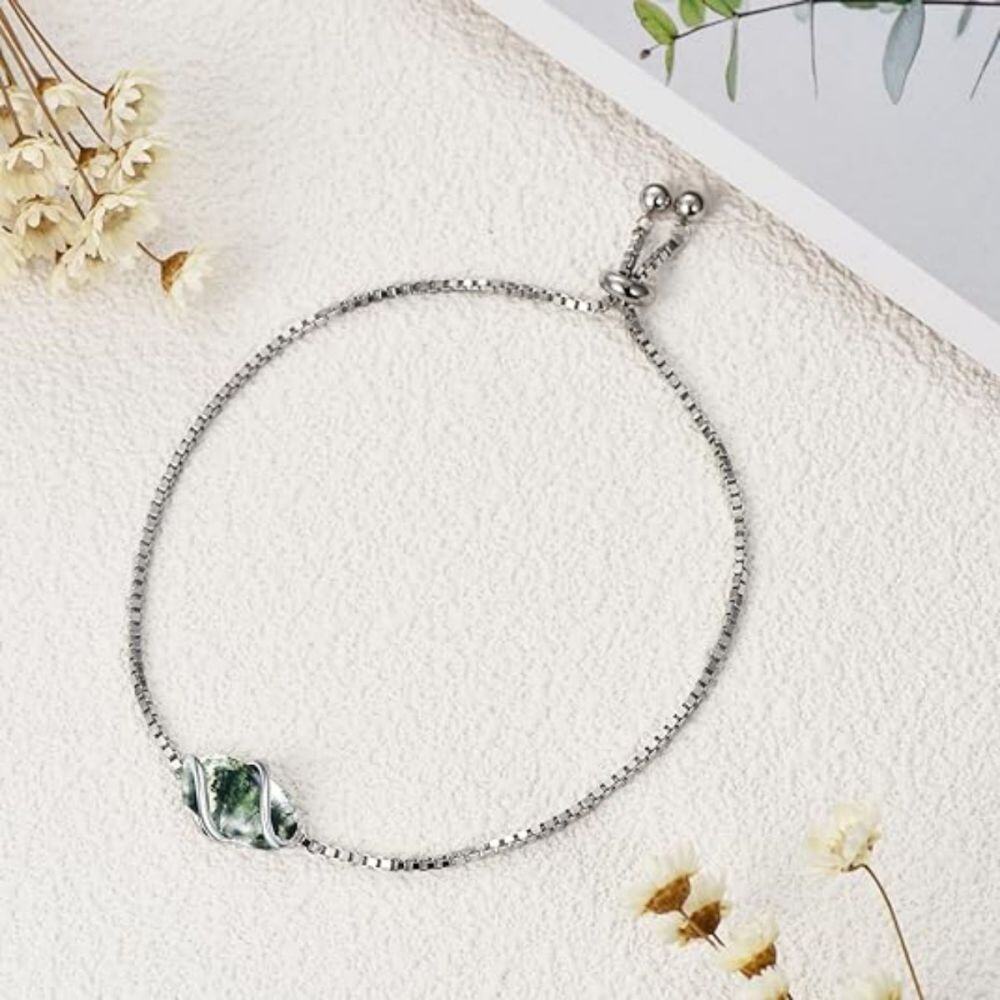 Sterling Silver Oval Shaped Moss Agate Charm Bracelet-3