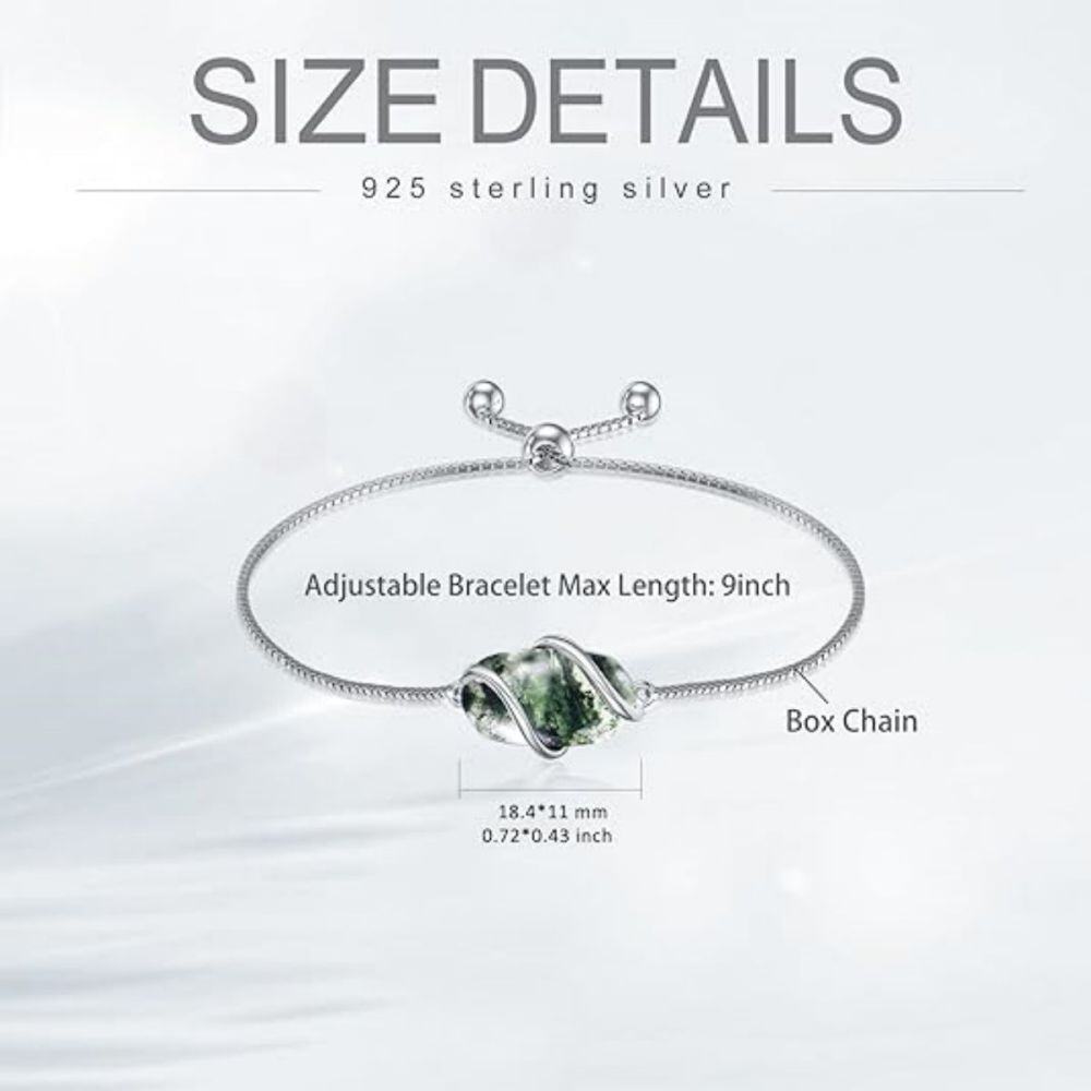 Sterling Silver Oval Shaped Moss Agate Charm Bracelet-4