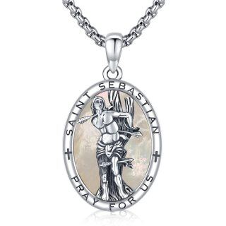 Sterling Silver Oval Shaped Mother Of Pearl Round Pendant Necklace with Engraved Word-50