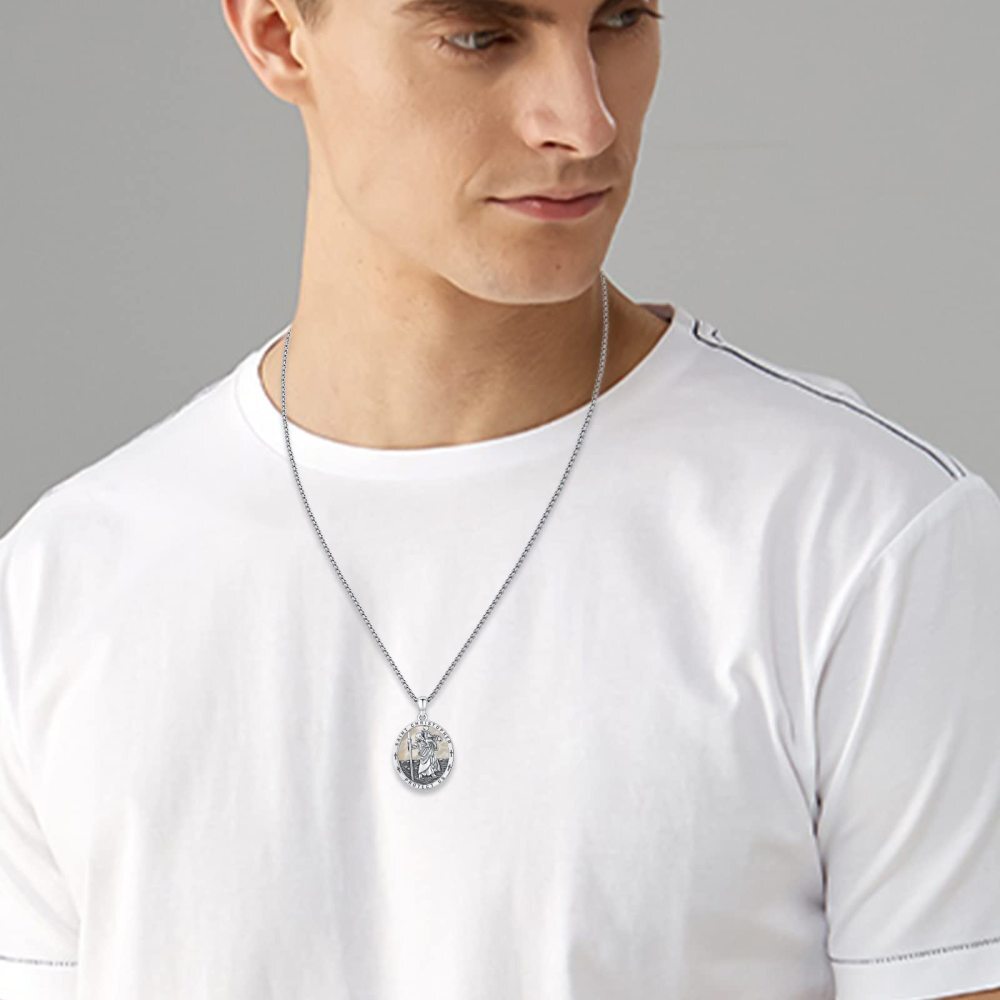 Srebrny owalny naszyjnik z masą perłową Saint Christopher z wygrawerowanym słowem-3