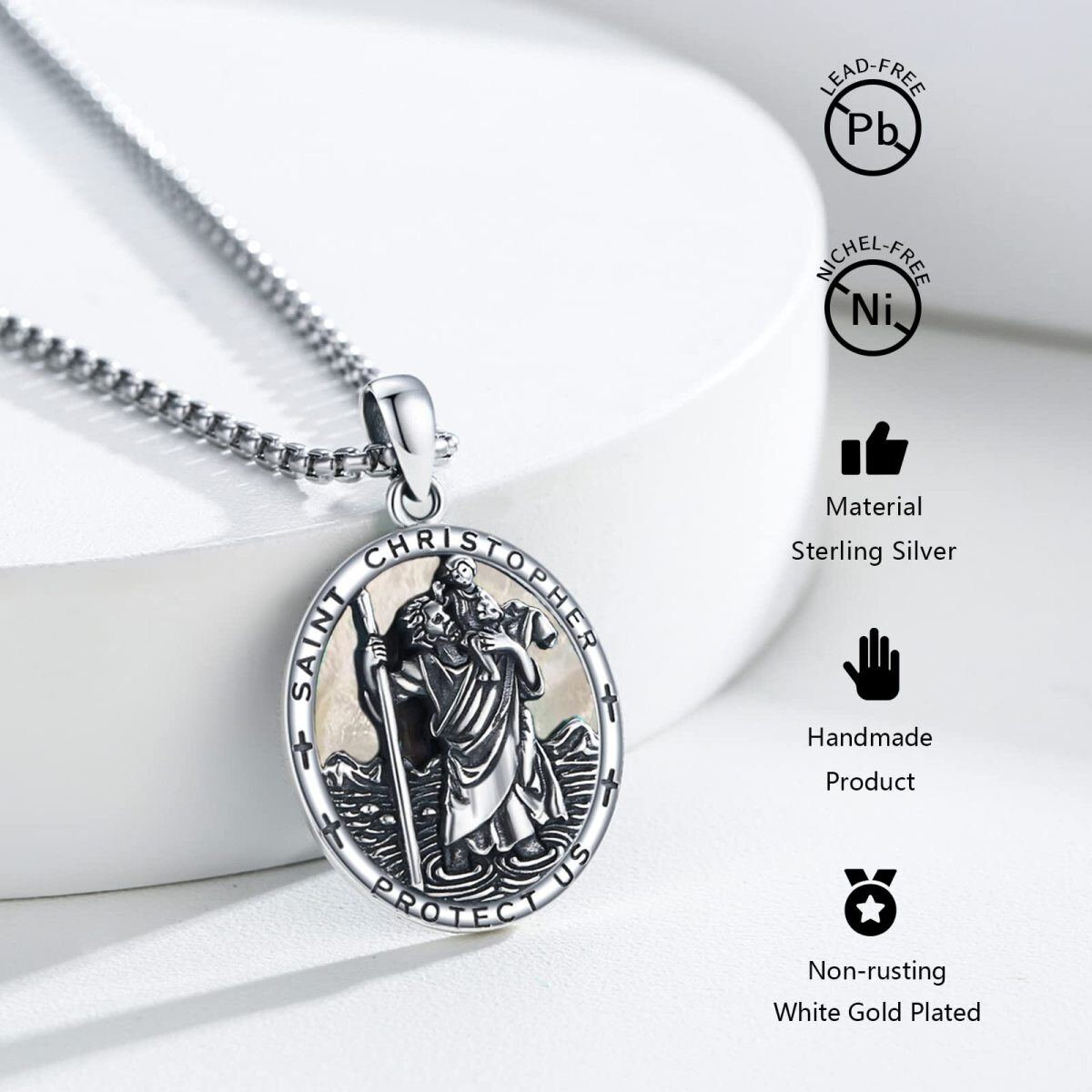 Collier en argent sterling avec pendentif Saint-Christophe en nacre de forme ovale avec mo-4