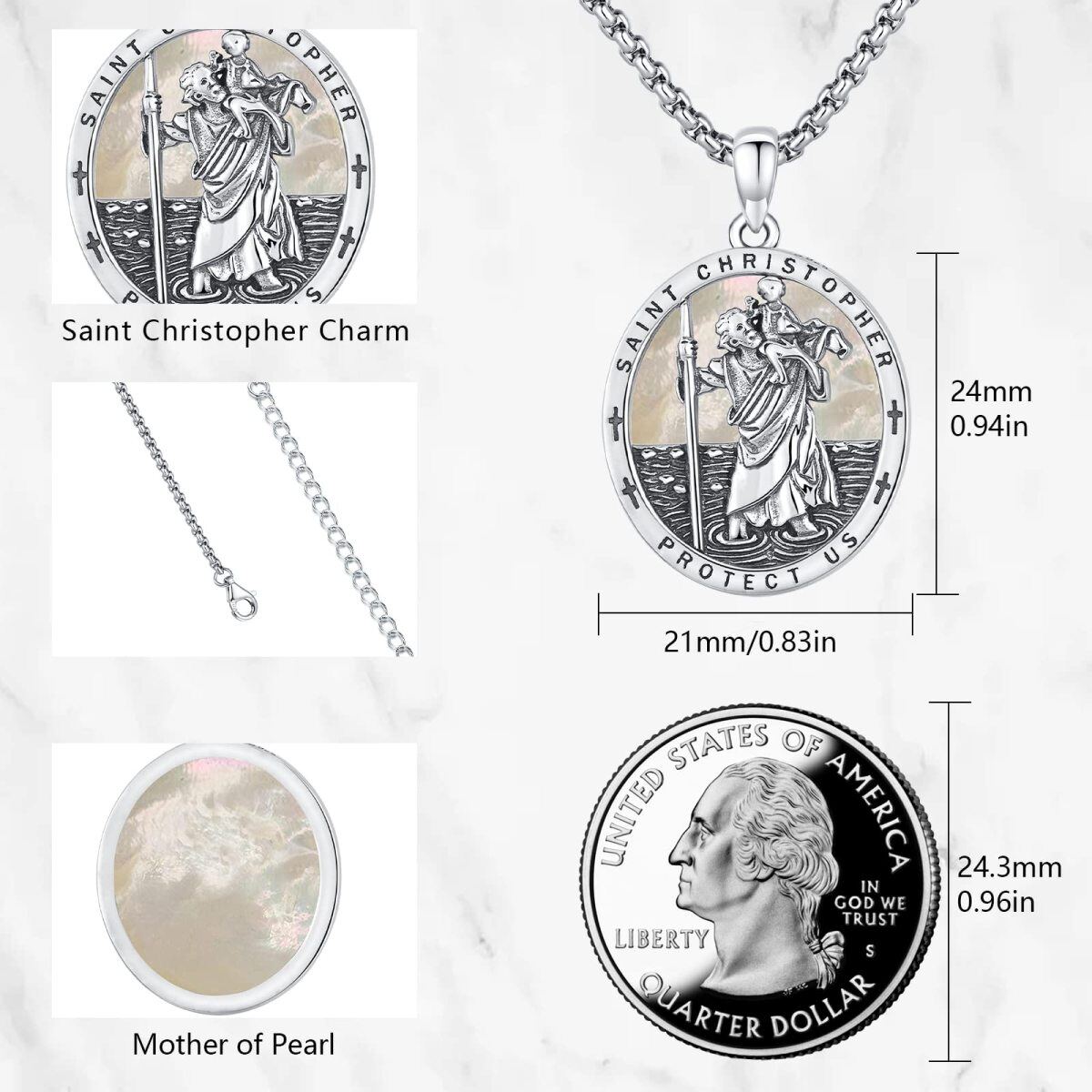 Sterling Silber Oval geformt Mutter der Perle Saint Christopher Anhänger Halskette mit ein-5