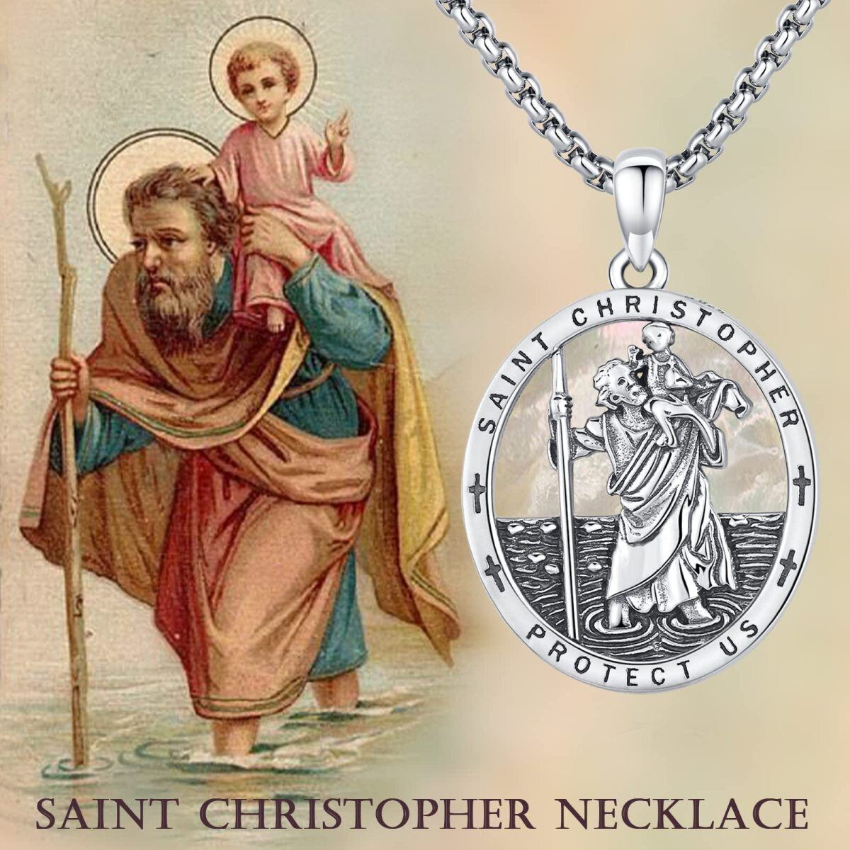 Sterling Silber Oval geformt Mutter der Perle Saint Christopher Anhänger Halskette mit ein-6