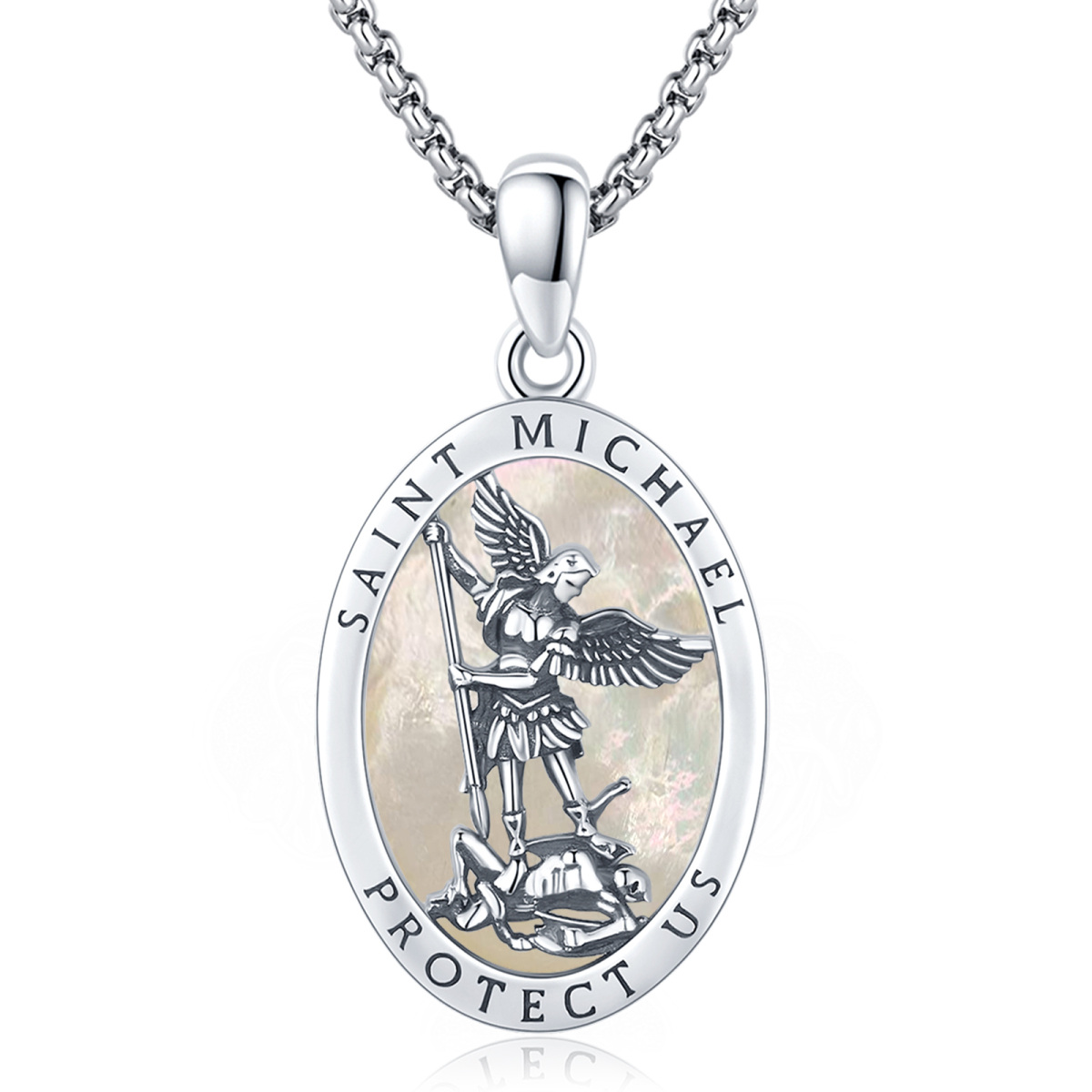 Sterling Silber Oval geformt Mutter der Perle Saint Michael Anhänger Halskette mit eingrav-1