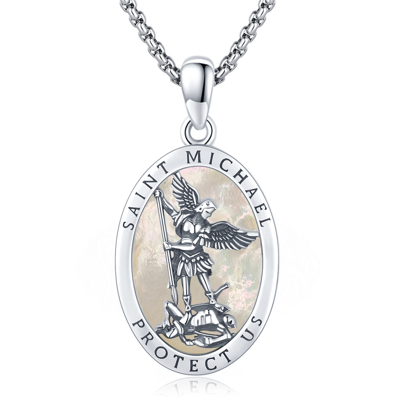 Sterling Silver Oval Shaped Mother Of Pearl Saint Michael Pendant Necklace with Engraved Word for Men