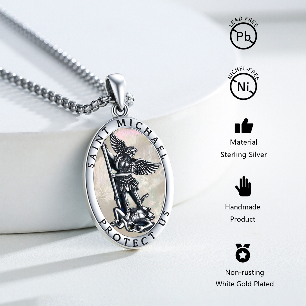 Sterling Silver Oval Shaped Mother Of Pearl Saint Michael Pendant Necklace with Engraved Word for Men-4