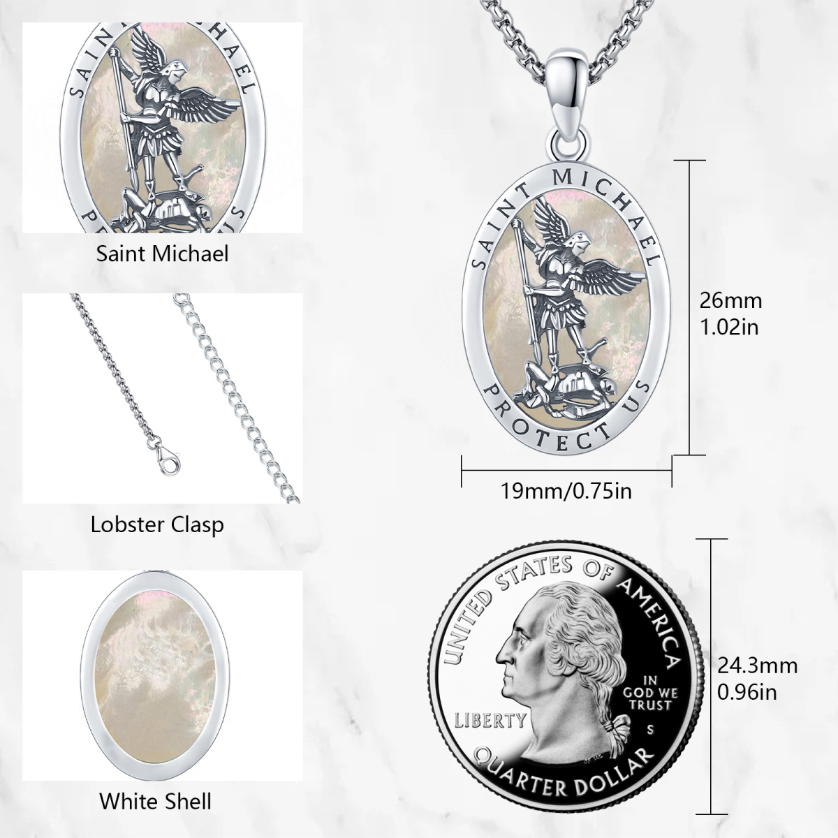 Collier en argent sterling avec pendentif Saint Michel en nacre de forme ovale avec mot gr-5