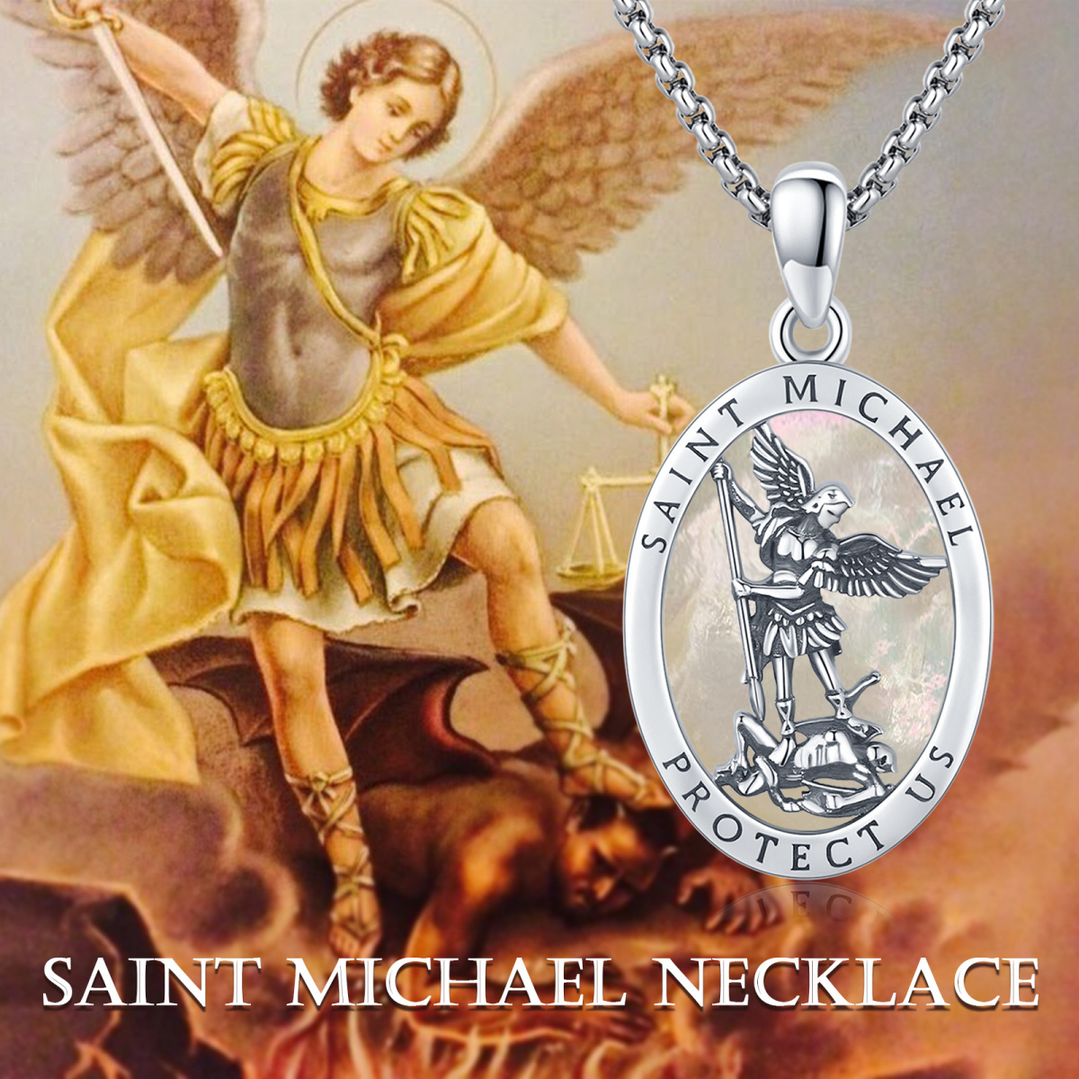 Sterling Silber Oval geformt Mutter der Perle Saint Michael Anhänger Halskette mit eingrav-6