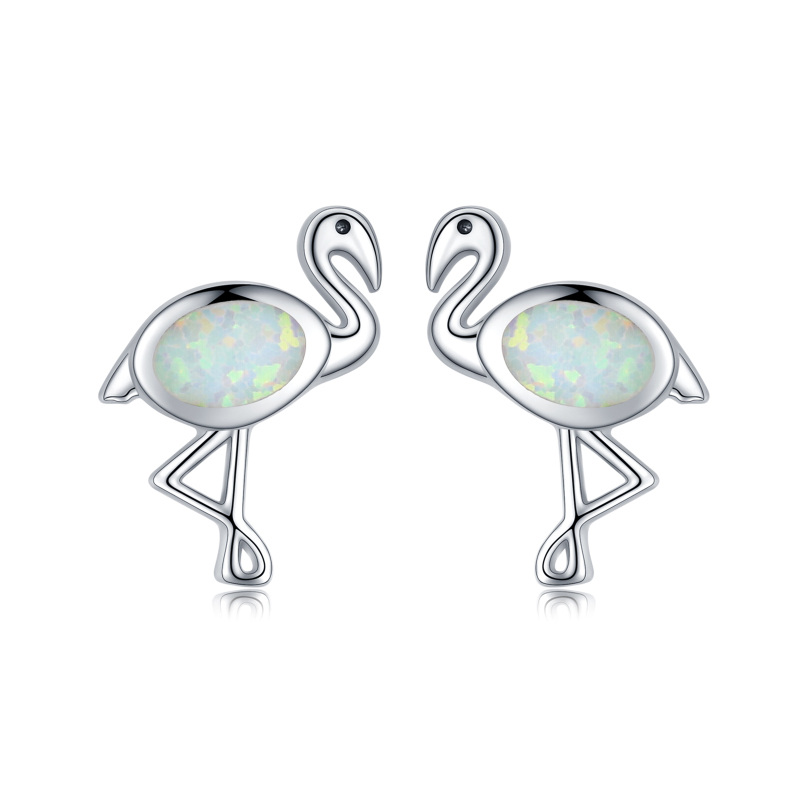 Sterling Silver Oval Shaped Opal Flamingo Stud Earrings-8