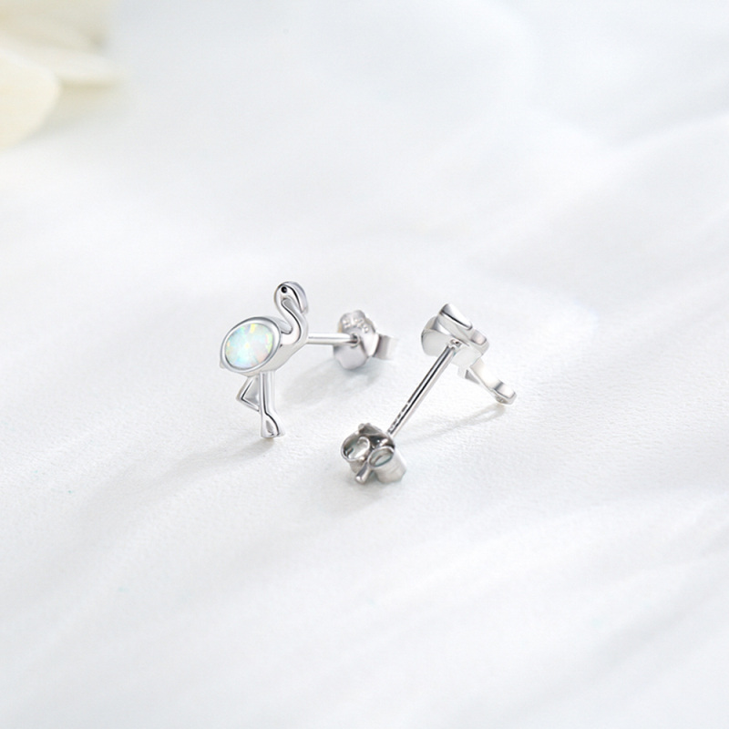 Sterling Silver Oval Shaped Opal Flamingo Stud Earrings-4