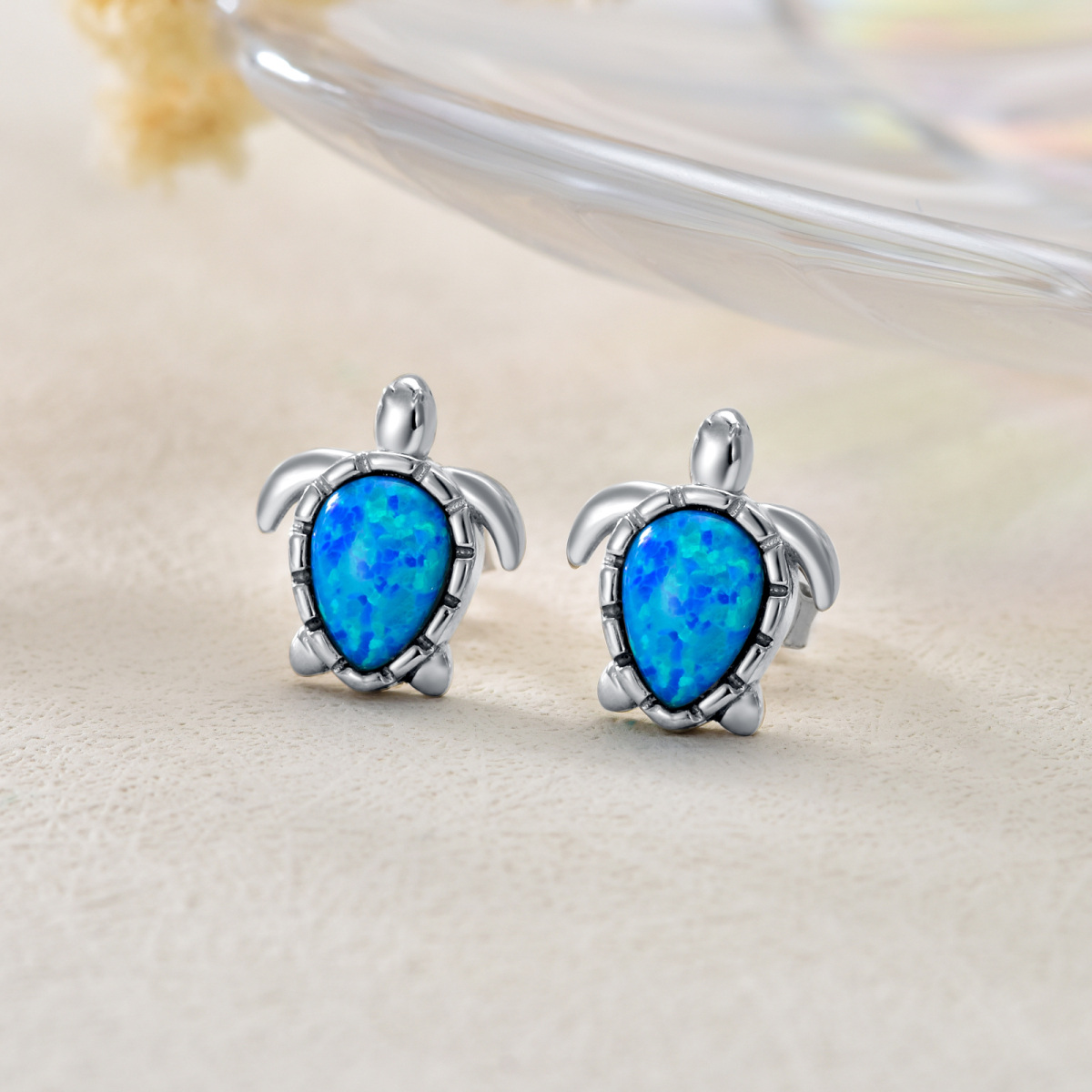 Sterling Silver Oval Shaped Opal Sea Turtle Stud Earrings-3