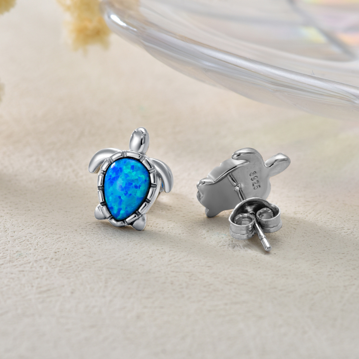 Sterling Silver Oval Shaped Opal Sea Turtle Stud Earrings-4