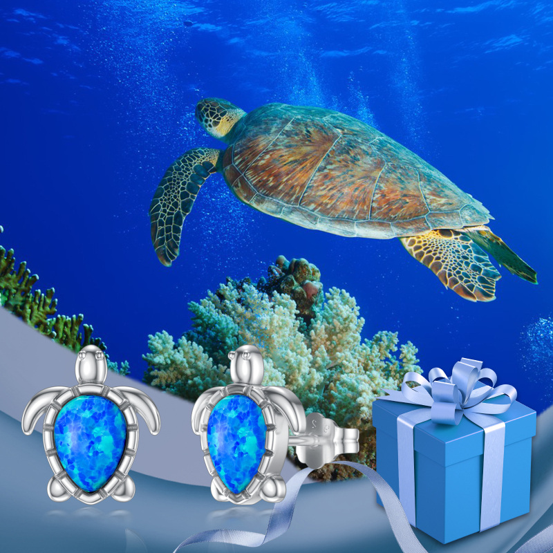 Owalne kolczyki sztyfty z żółwiami morskimi ze srebra próby 925-5