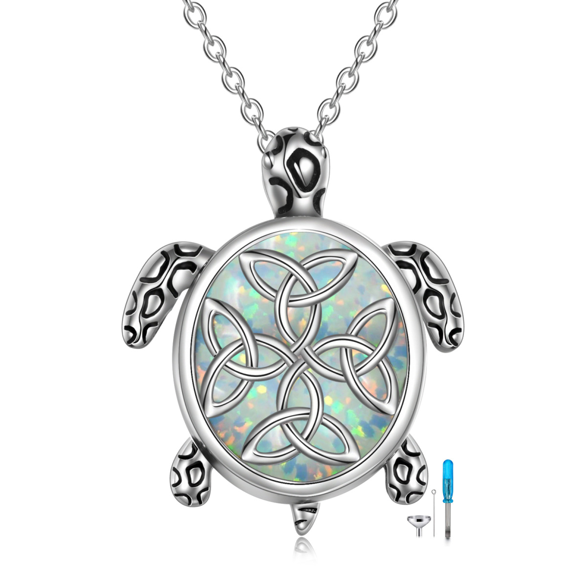 Sterling Silver Oval Shaped Opal Turtle Urn Necklace for Ashes-1