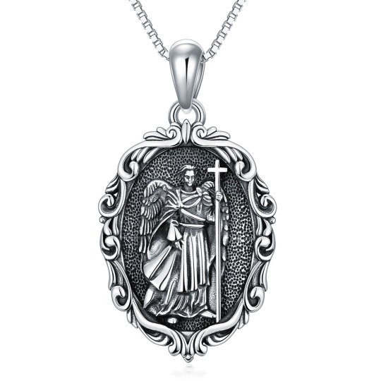 Sterling Silver Oval Shaped Saint Michael Pendant Necklace