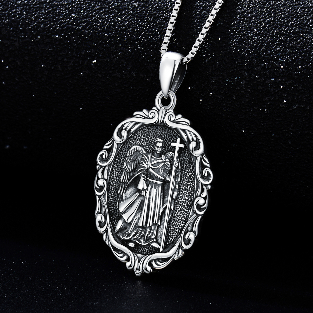 Sterling Silver Oval Shaped Saint Michael Pendant Necklace-3