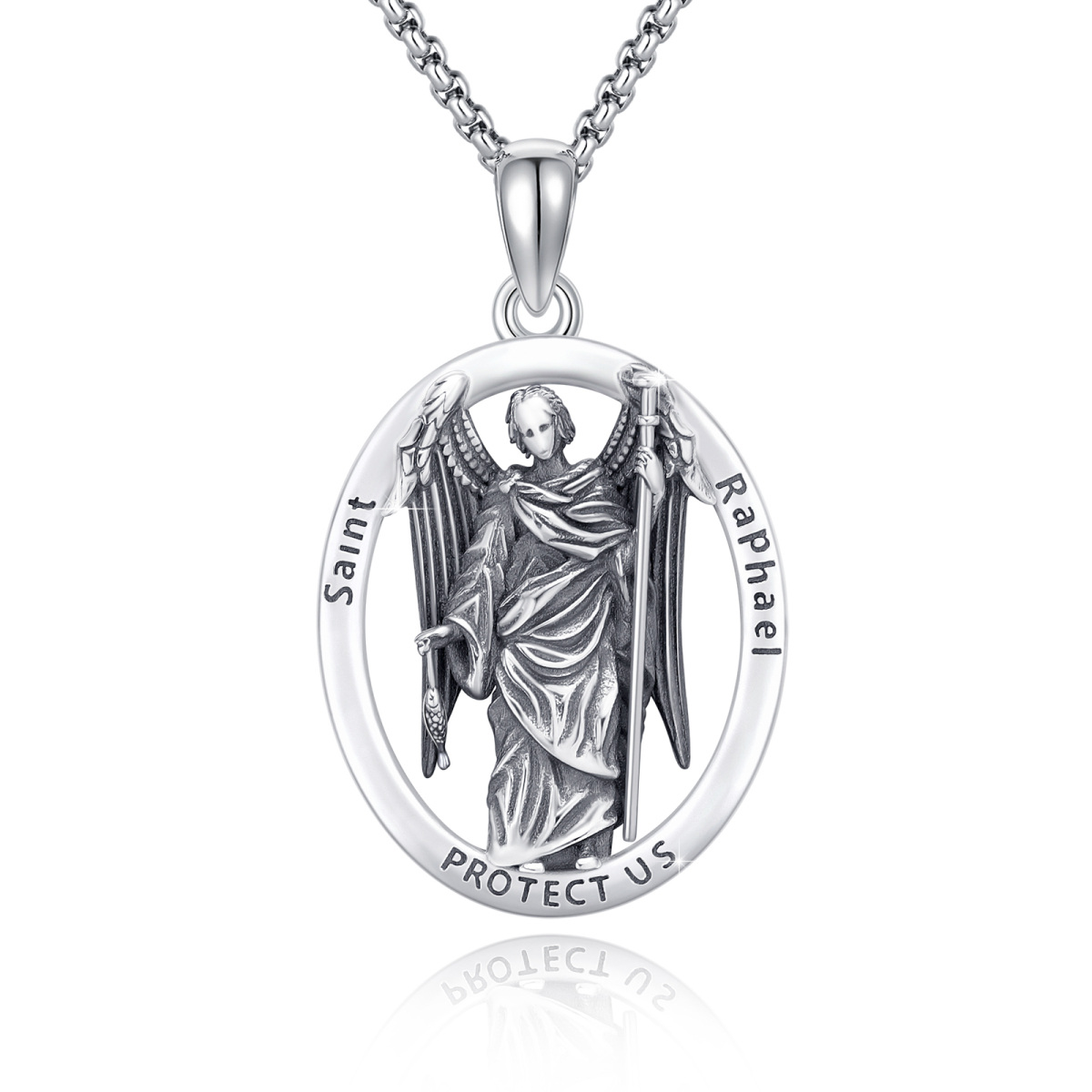 Collier en argent sterling avec pendentif Saint Raphaël de forme ovale et mot gravé-1