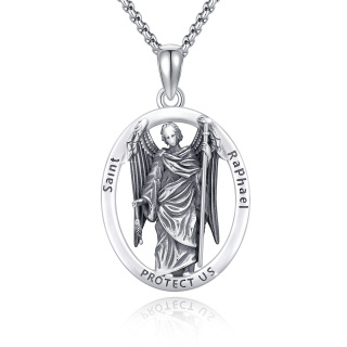 Sterling Silver Oval Shaped & Saint Raphael Pendant Necklace with Engraved Word-3