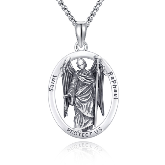 Sterling Silver Oval Shaped & Saint Raphael Pendant Necklace with Engraved Word