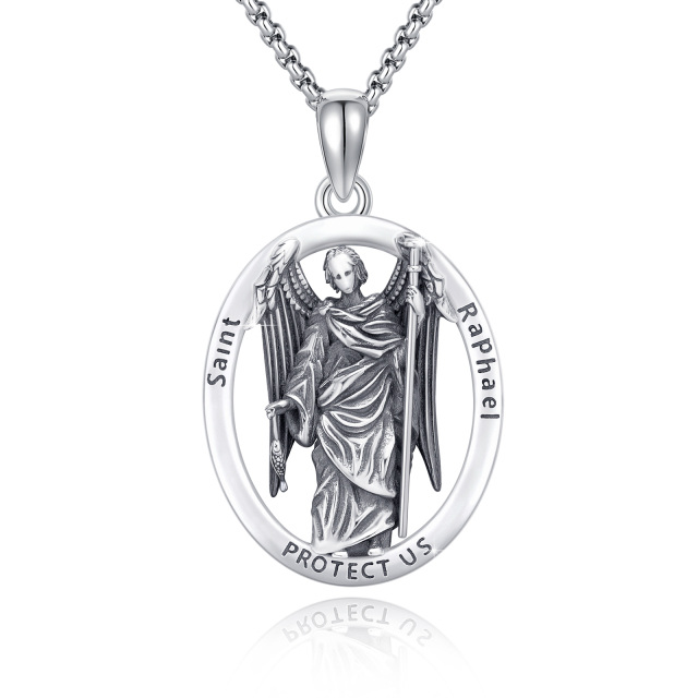 Sterling Silver Oval Shaped & Saint Raphael Pendant Necklace with Engraved Word-1