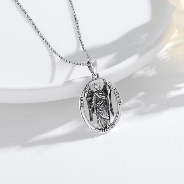 Sterling Silver Oval Shaped & Saint Raphael Pendant Necklace with Engraved Word-5