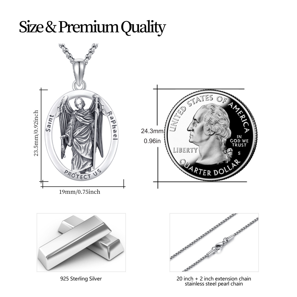 Colar com pingente de prata esterlina em forma oval e São Rafael com palavra gravada-6