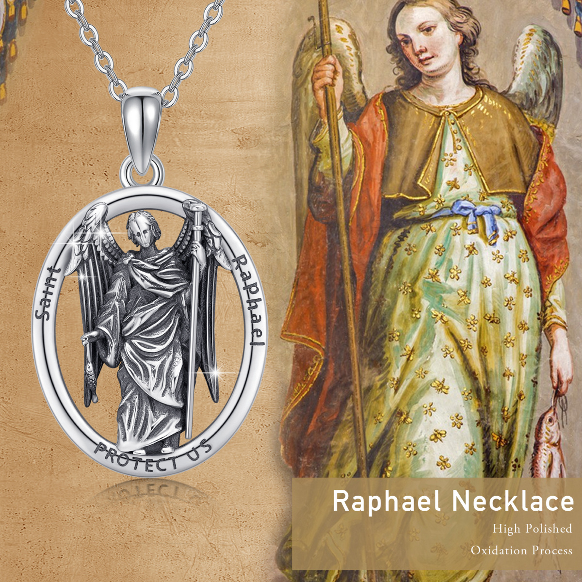 Collier en argent sterling avec pendentif Saint Raphaël de forme ovale et mot gravé-7