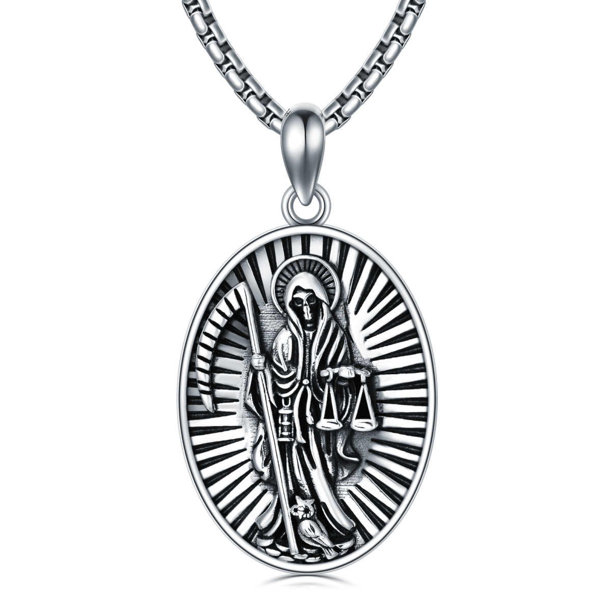 Collier en argent sterling avec pendentif Santa Muerte Perdoname de forme ovale pour homme-1