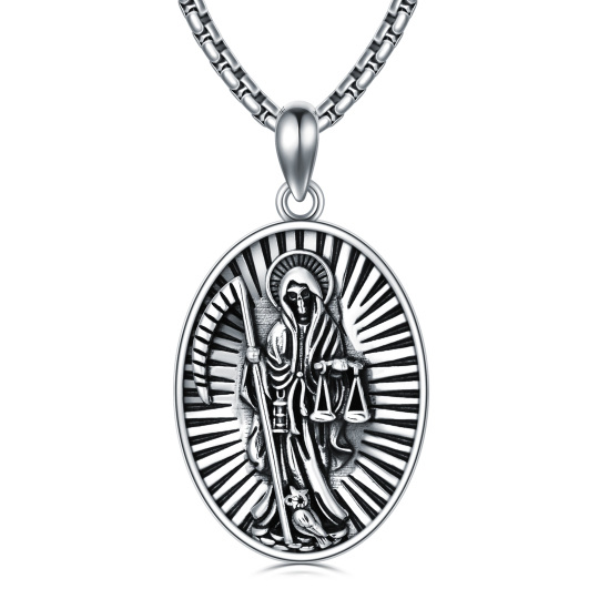 Collana con ciondolo in argento sterling a forma ovale e Santa Muerte Perdoname per uomo