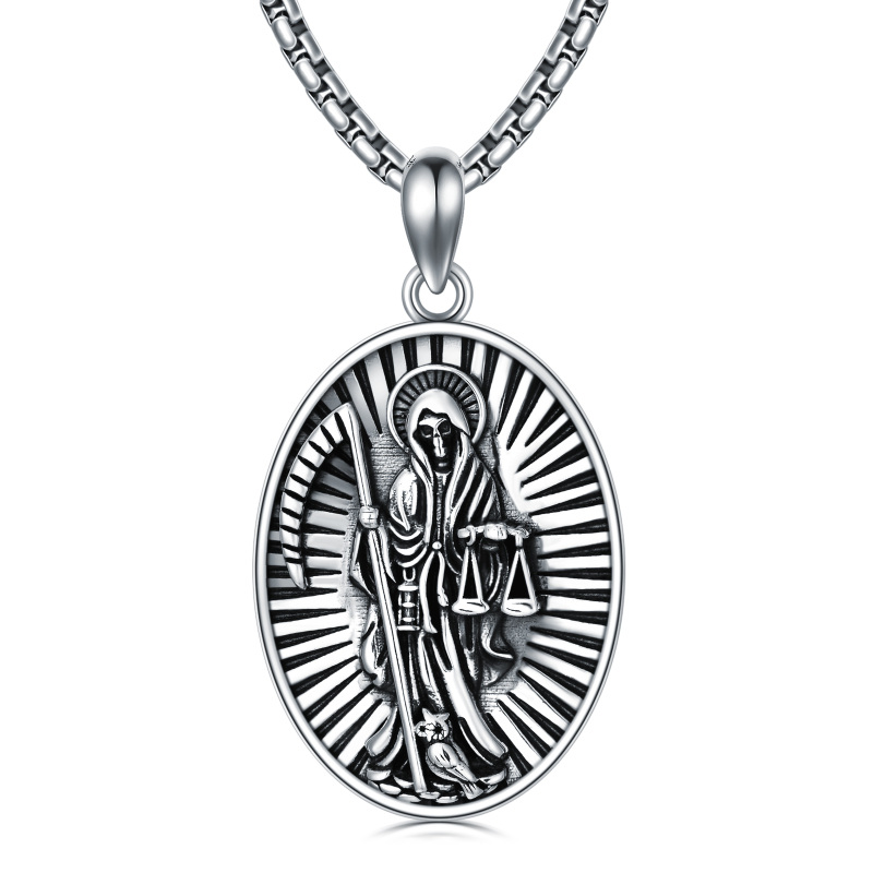 Sterling Silver Oval Shaped & Santa Muerte Perdoname Pendant Necklace for Men-3