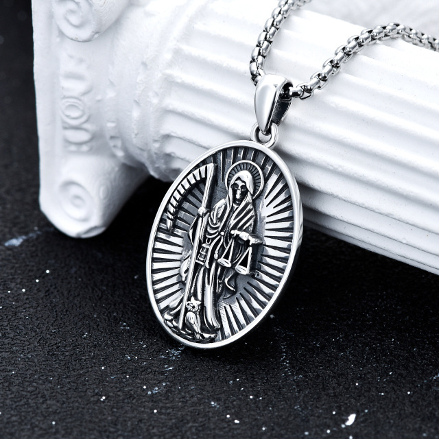 Collana con ciondolo in argento sterling a forma ovale e Santa Muerte Perdoname per uomo-3