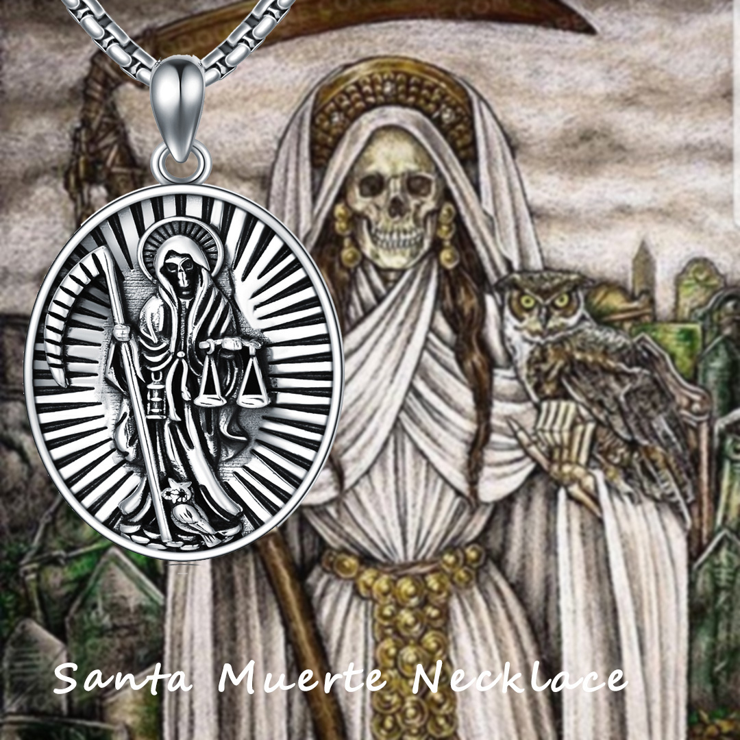 Collar de plata de ley con forma ovalada y colgante de Santa Muerte Perdoname para hombre-6