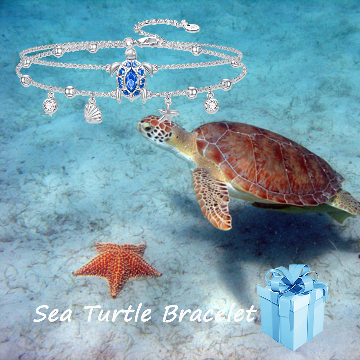 Sterling Silver Oval Shaped Cubic Zirconia Sea Turtle & Starfish Layerered Bracelet-5