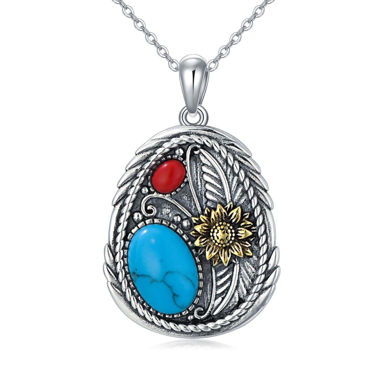 Collier en argent sterling avec pendentif tournesol en turquoise de forme ovale-1