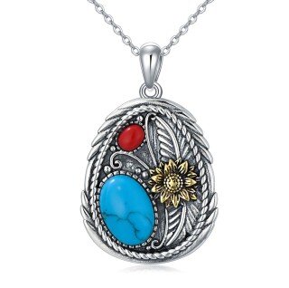 Sterling Silver Oval Shaped Turquoise Sunflower Pendant Necklace-2