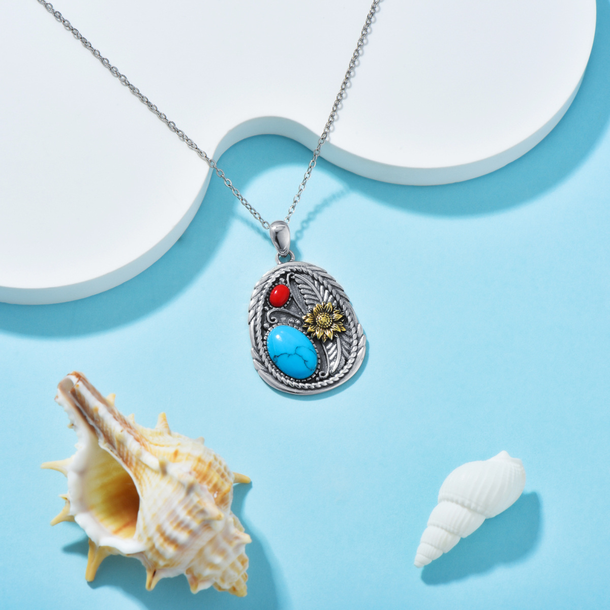 Sterling Silver Oval Shaped Turquoise Sunflower Pendant Necklace-3