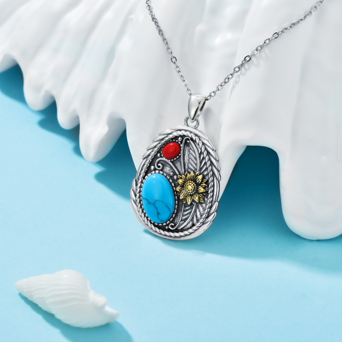 Collier en argent sterling avec pendentif tournesol en turquoise de forme ovale-4